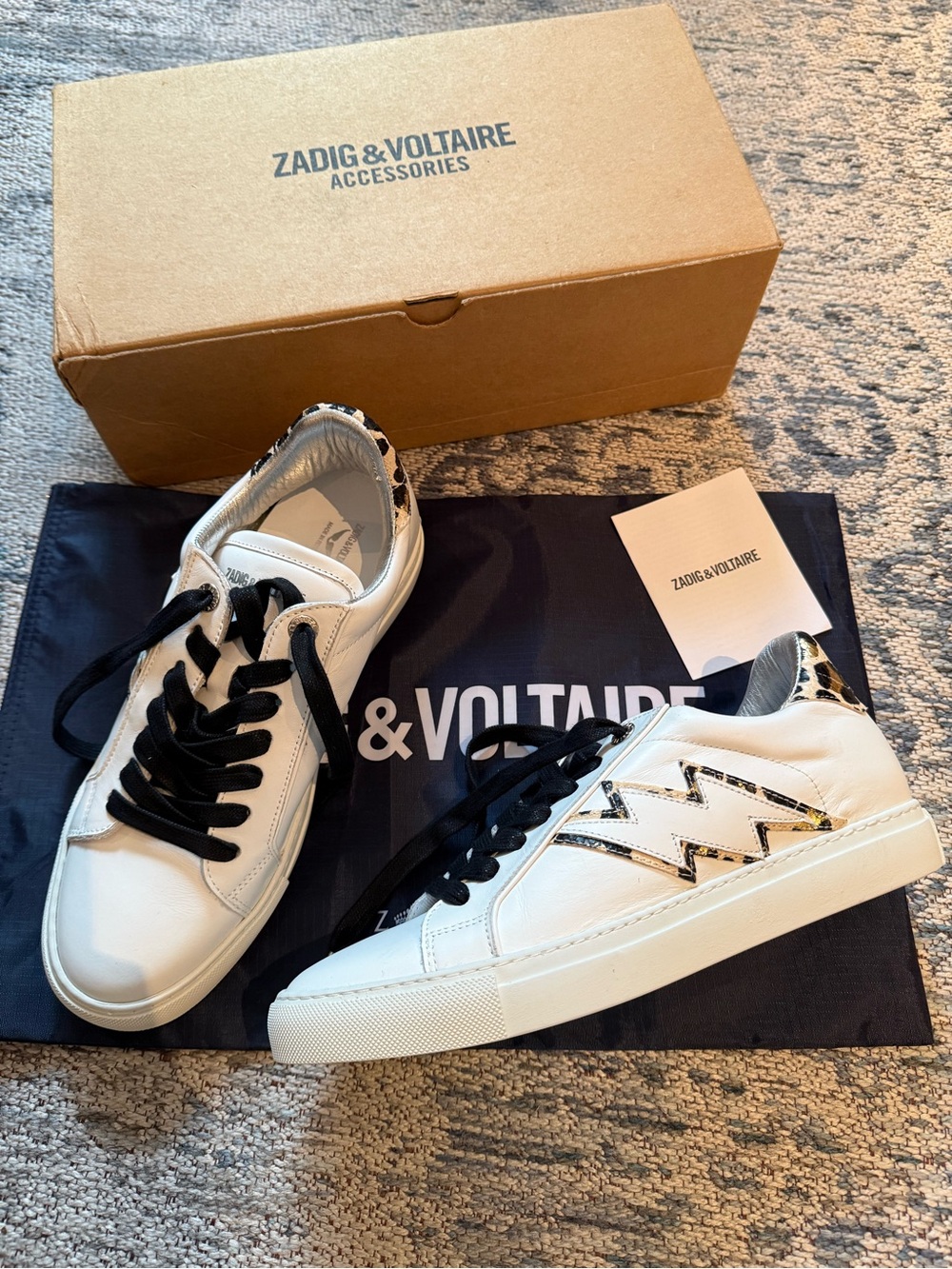 NEW Zadig & Voltaire White Leather Sneakers with Black Laces and Leopard Trim 40